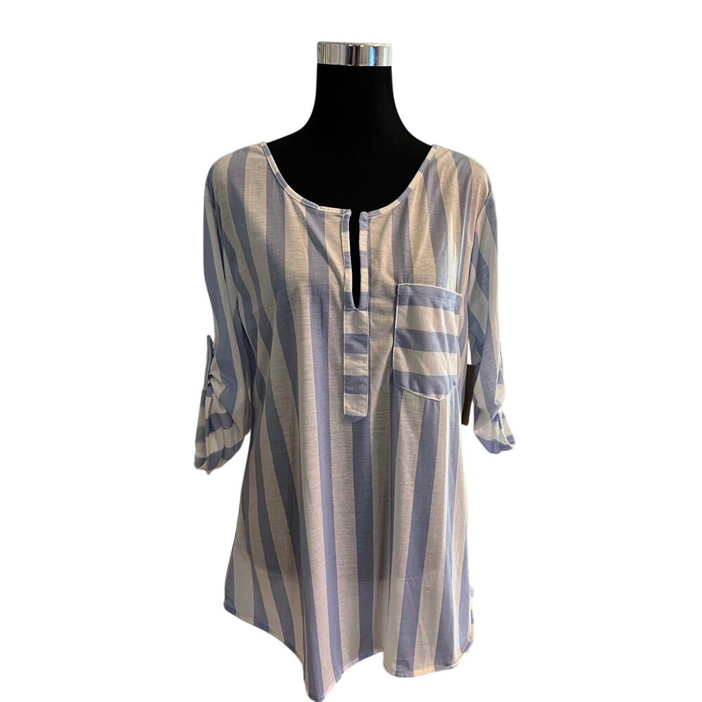 NWT Eden & Olivia Women's Blue and White Striped Roll Tab Sleeve Blouse Size 1X